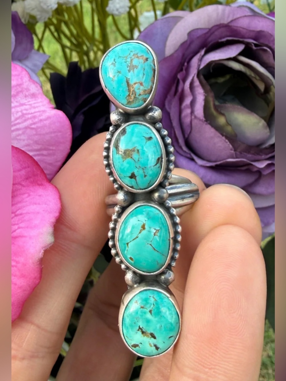 Navajo Jameson Garcia Turquoise Crawler Sterling Silver Ring